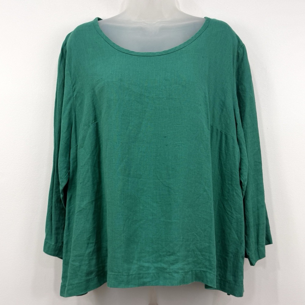 Flax 100% Linen Top Womens L Kelly Green Lagenlook Boxy Lagom Coastal Oversized